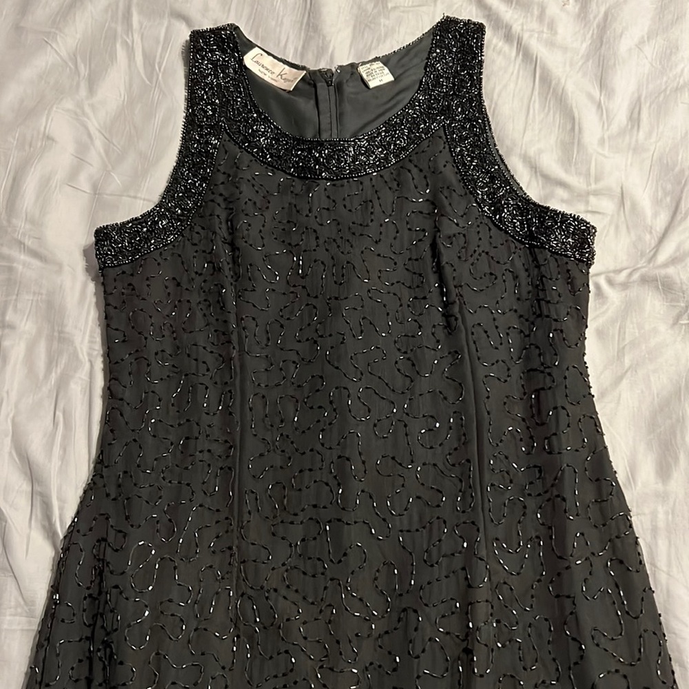 Laurence Kazar black 100% silk fully beaded sheath knee length dress